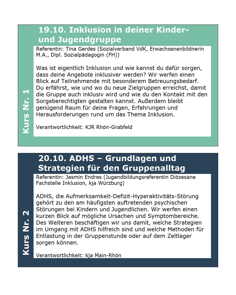 Es sind die Kursbeschreibungen abgebildet, die auch in der Ausschreibung zu finden sind. 