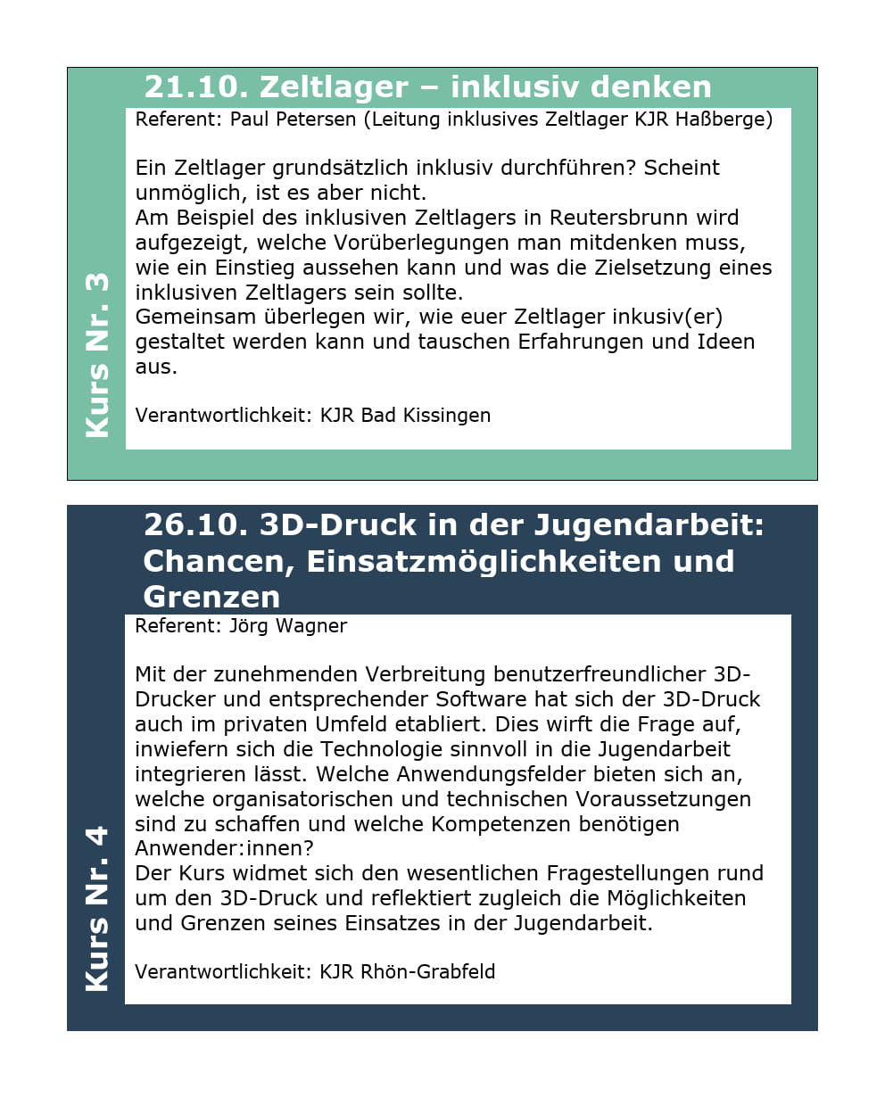 Es sind die Kursbeschreibungen abgebildet, die auch in der Ausschreibung zu finden sind. 