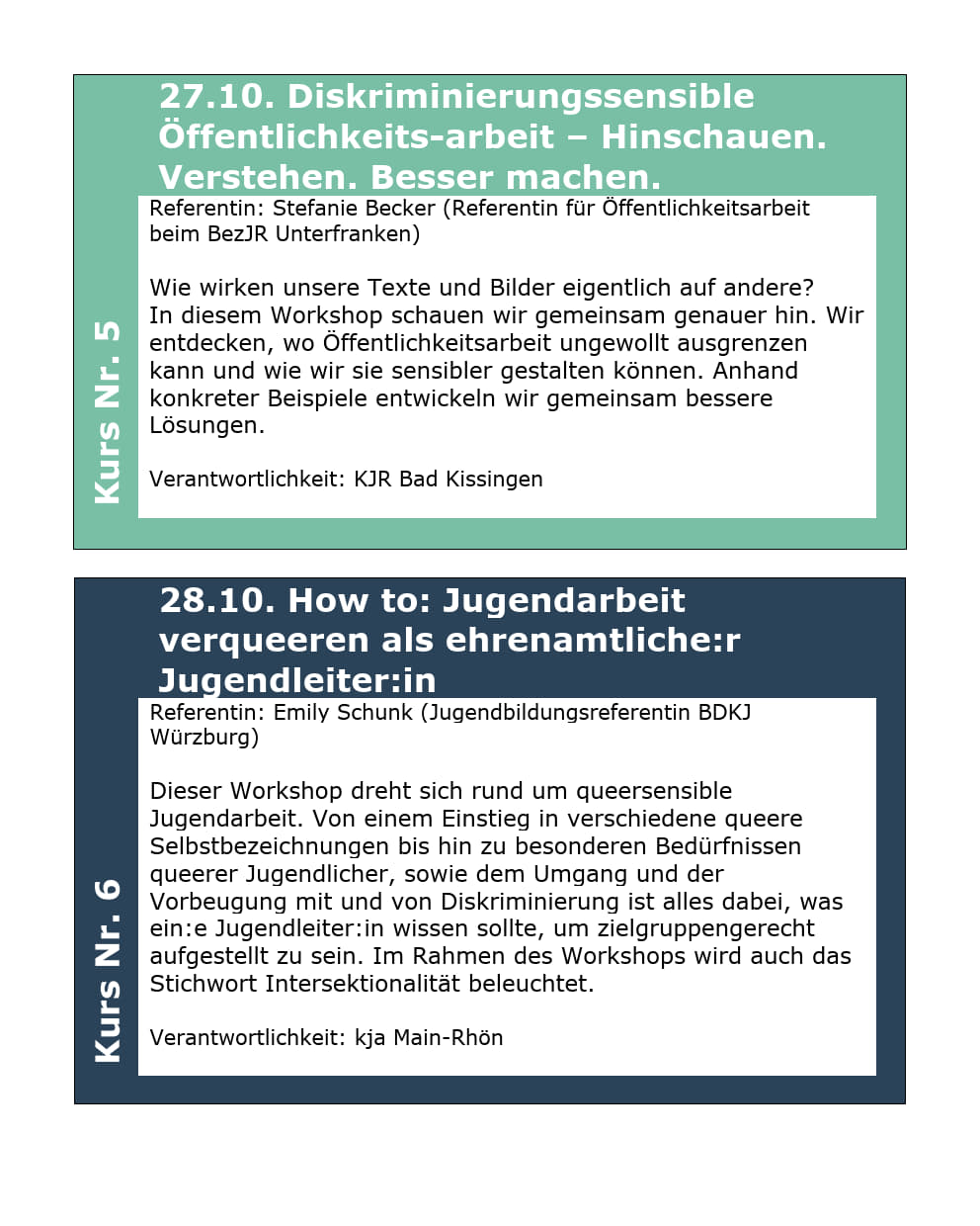 Es sind die Kursbeschreibungen abgebildet, die auch in der Ausschreibung zu finden sind. 